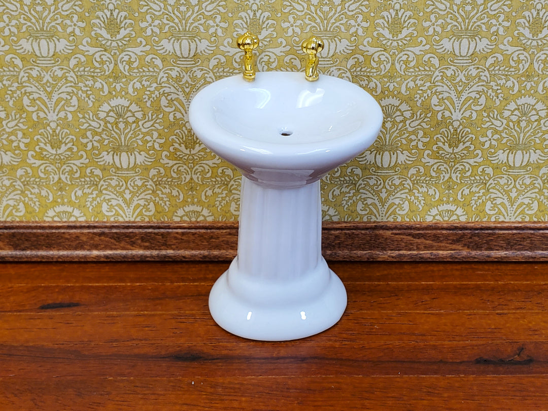 Dollhouse Pedestal Sink Bathroom White Ceramic Gold Faucets 1:12 Scale Miniature