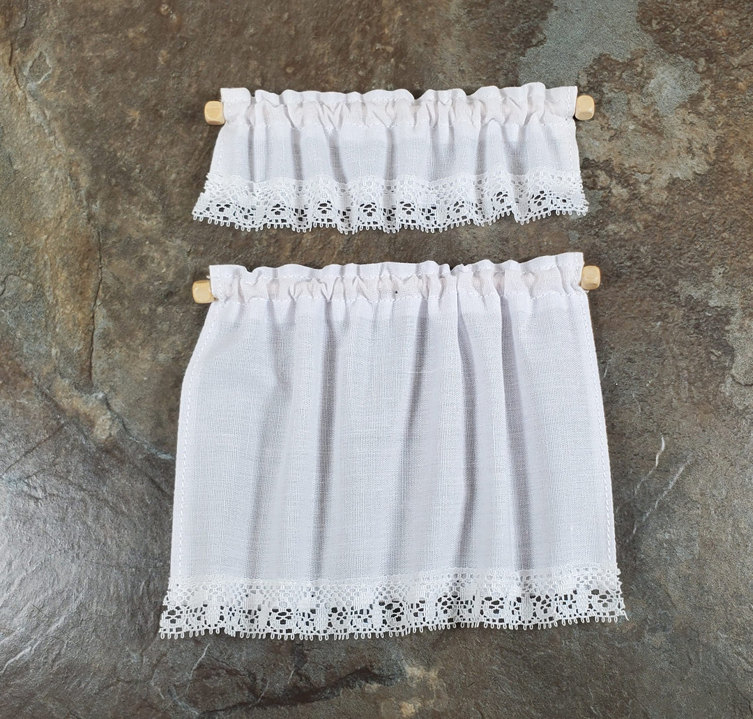 Dollhouse White Fabric Cafe Curtains & Valance Curtain Rod 1:12 Scale Miniature