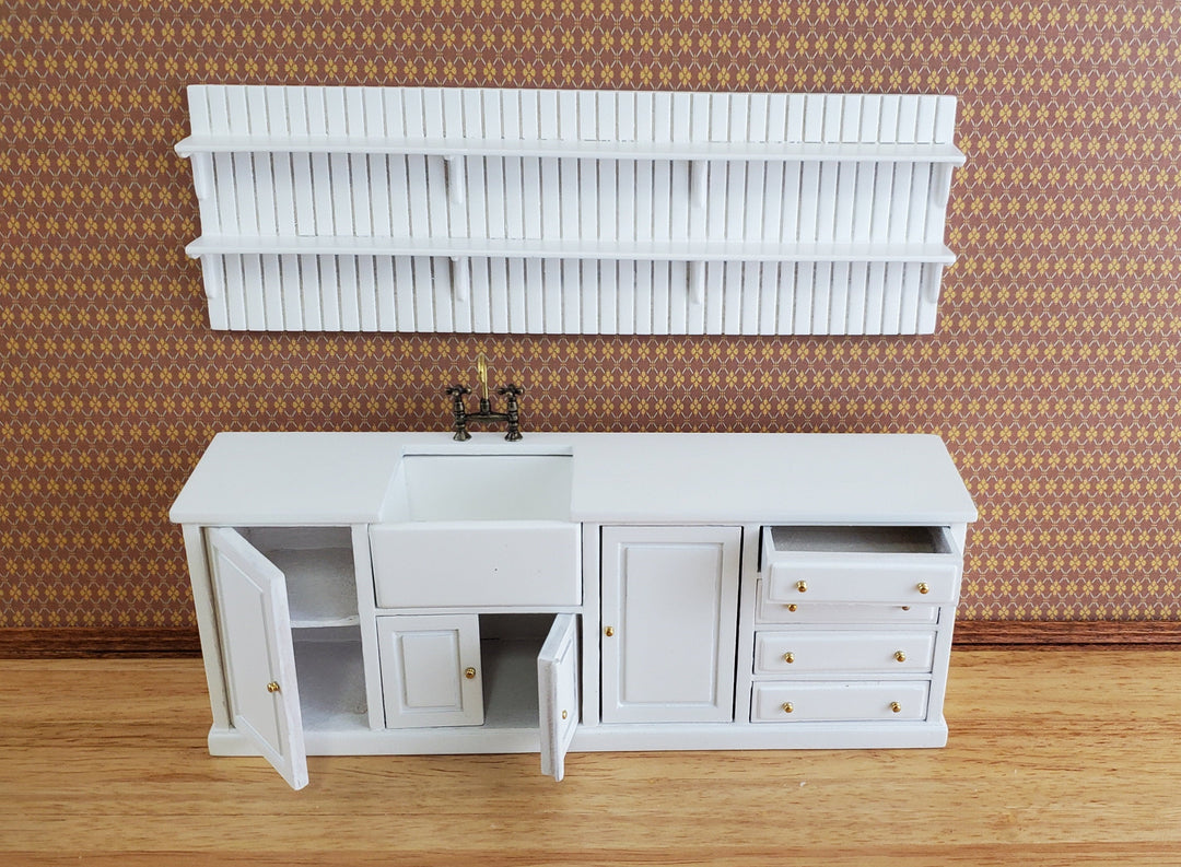 JBM Dollhouse Kitchen Sink Cabinet & Wall Plate Shelf White 1:12 Scale Miniature