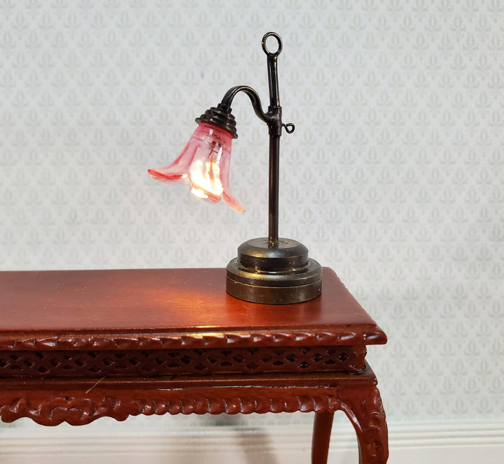 Dollhouse Battery Light Table Lamp Pink Flower Shade Bronze Base 1:12 Scale Miniature