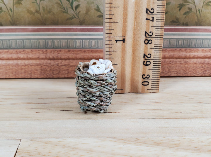 Tiny Seashells in Small Round Natural Fiber Basket 1:12 Scale Miniature