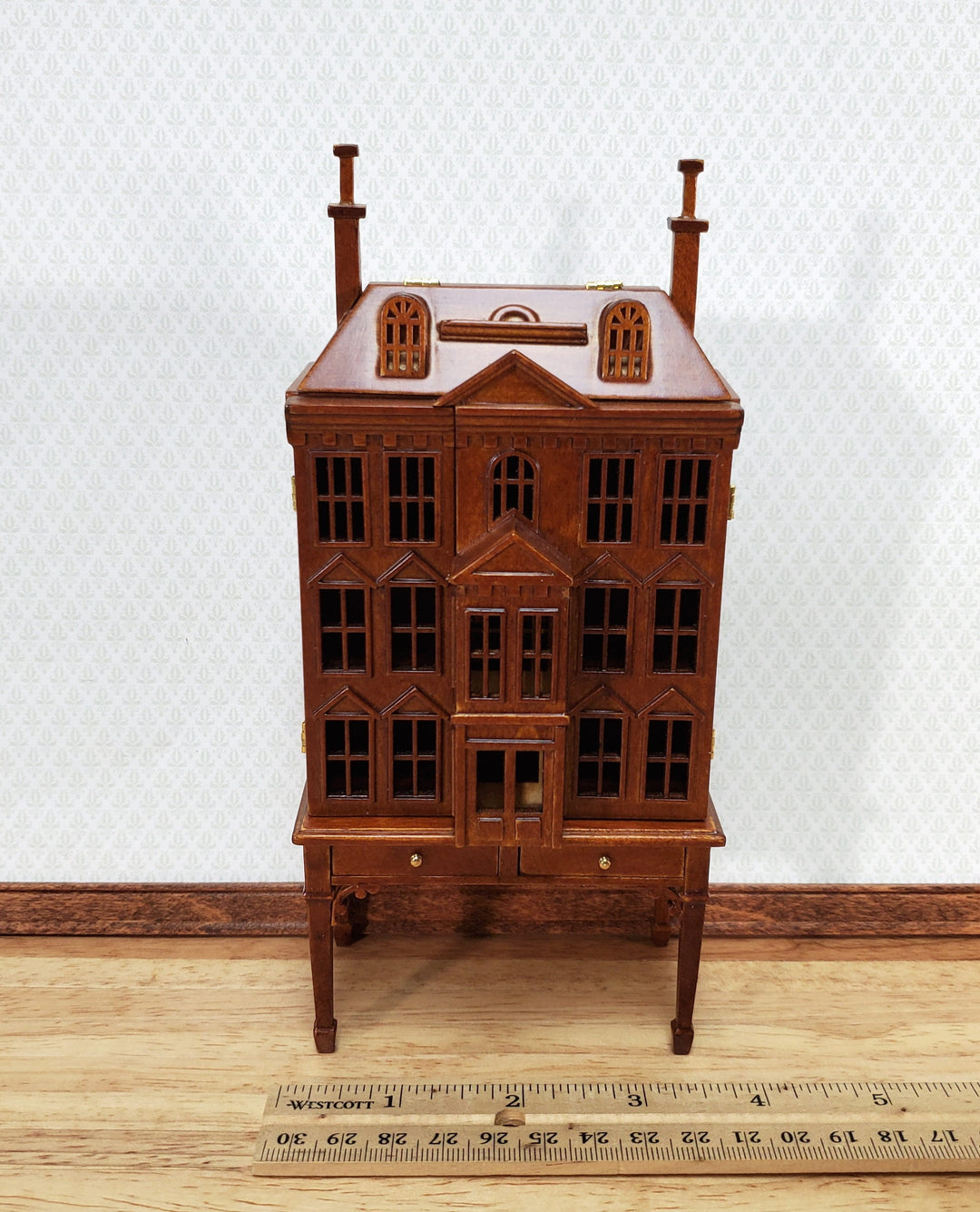 1:144 Scale Dollhouse with Table Walnut Finish 4 Level Front Opening by JBM