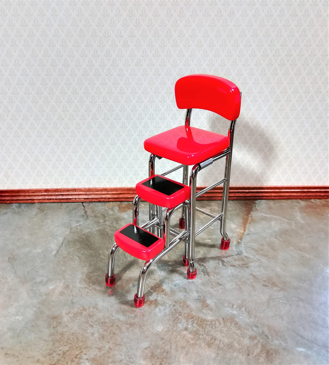 Dollhouse Step Stool Tall Chair 1950s Style Red 1:12 Scale Miniature Furniture