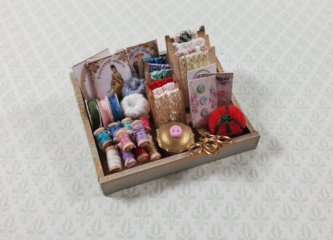 Dollhouse Sewing Box with Notions Patterns Lace Pin Cushion 1:12 Scale Miniature