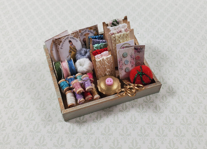 Dollhouse Sewing Box with Notions Patterns Lace Pin Cushion 1:12 Scale Miniature