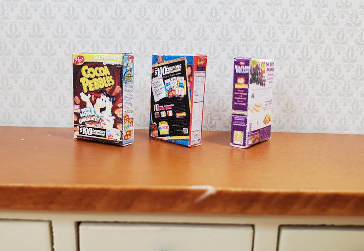 Dollhouse Cereal Boxes x3 Cocoa & Fruity Pebbles Raisin Bran 1:12 Scale Kitchen