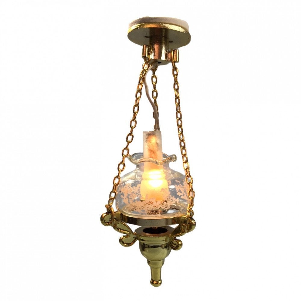 Dollhouse Hanging Oil Lamp 12 Volt Light w/Plug 1:12 Miniature Scale Vintage Style Gold