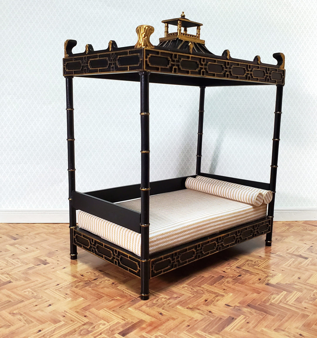 JBM Dollhouse Bed Qing Dynasty Style Black Gold 1:12 Miniature Bedroom Furniture