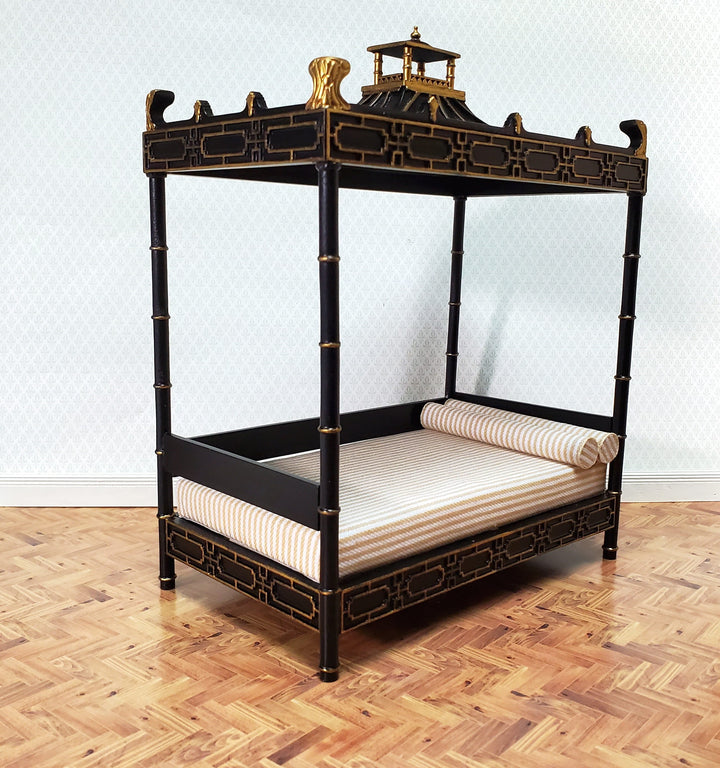 JBM Dollhouse Bed Qing Dynasty Style Black Gold 1:12 Miniature Bedroom Furniture