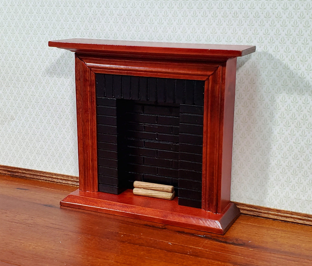 Dollhouse Fireplace with Black "Brick" Insert Mahogany Finish 1:12 Scale Miniature Furniture