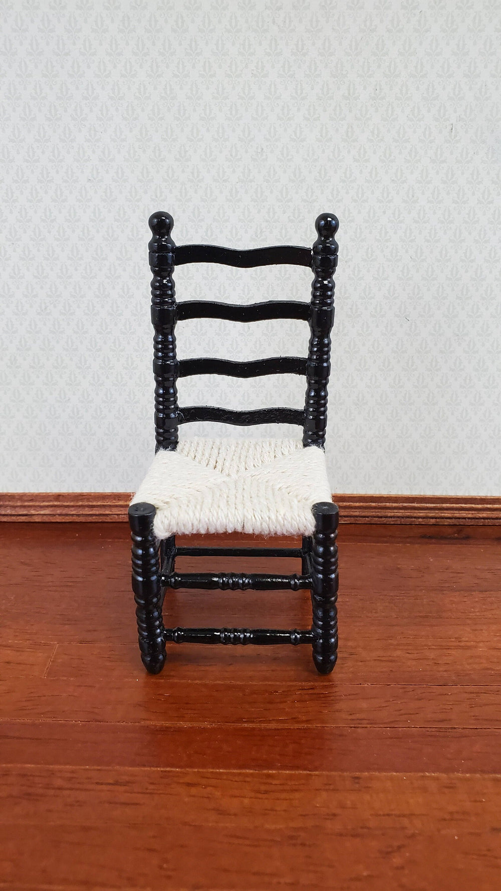 Dollhouse Ladderback Chair Turned Legs Rush Seat Black 1:12 Scale Miniature Furniture