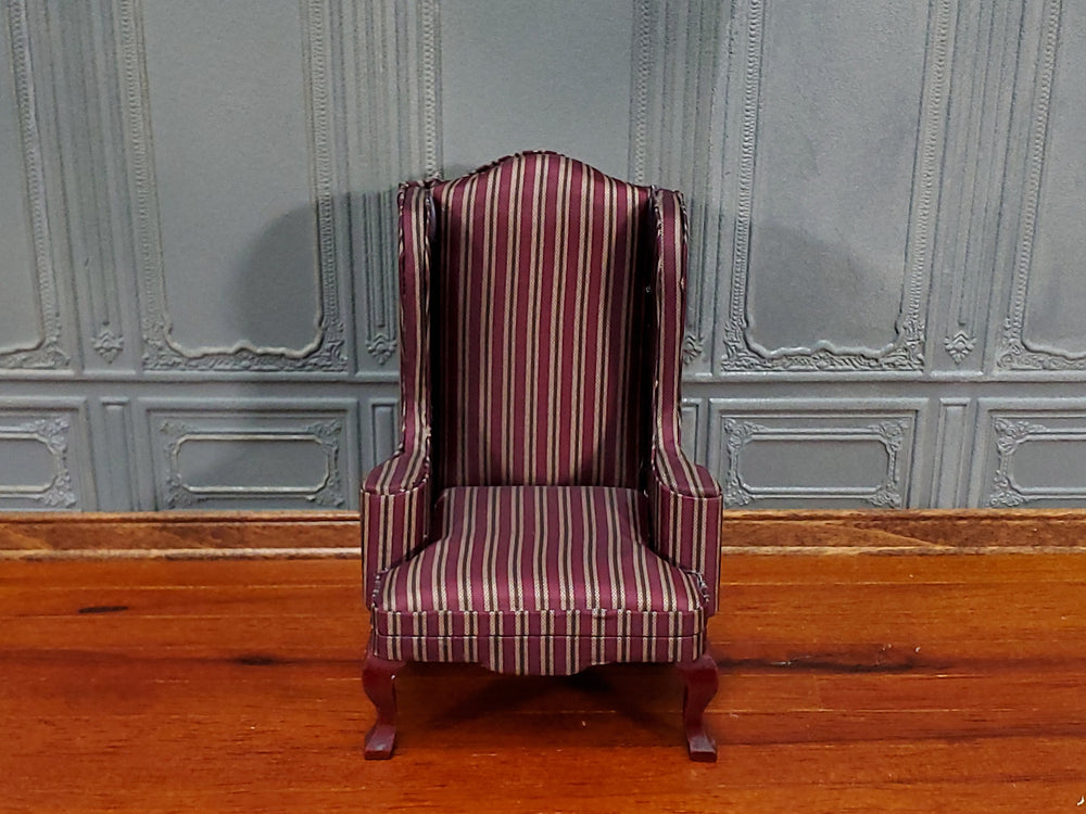 Dollhouse Arm Chair Wing Back Maroon Striped 1:12 Scale Miniature Furniture