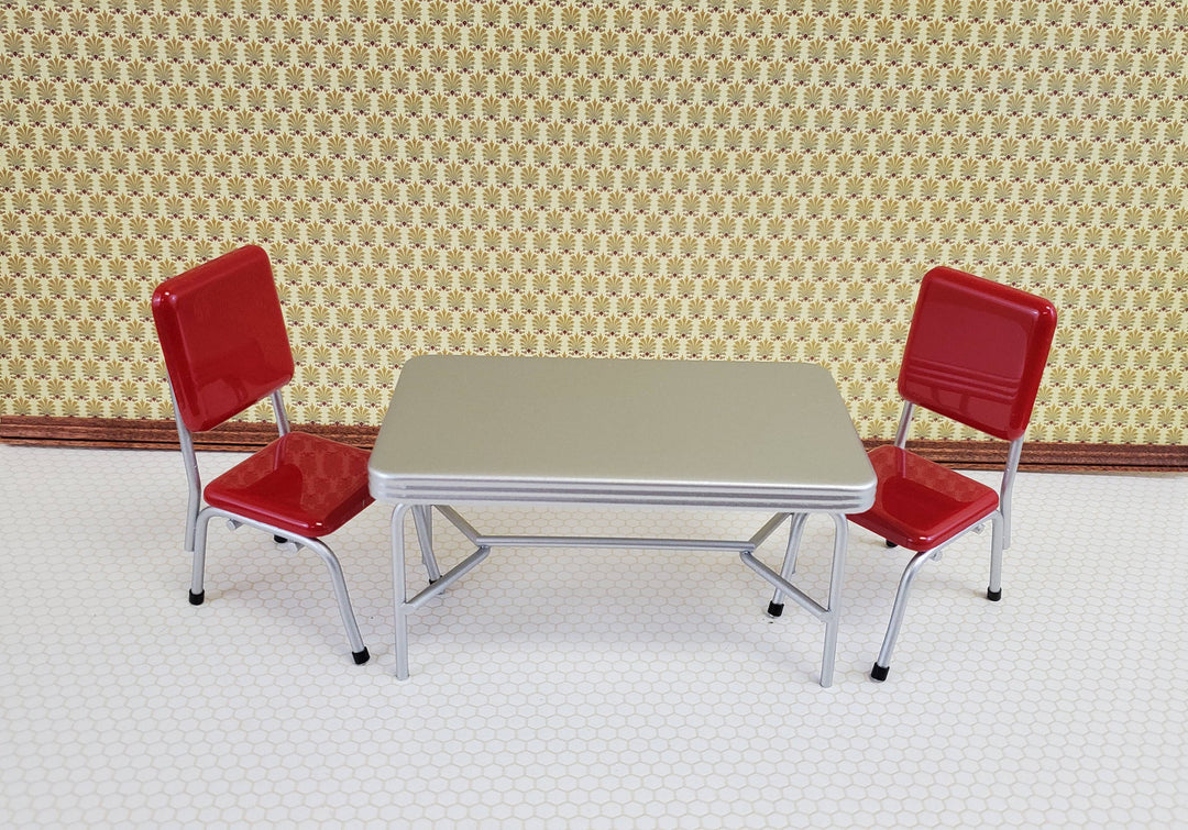 Dollhouse Miniatures 1950s Style Kitchen Table with 2 Red Chairs 1:12 Scale