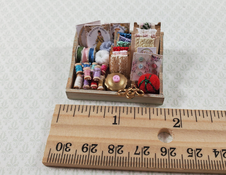 Dollhouse Sewing Box with Notions Patterns Lace Pin Cushion 1:12 Scale Miniature