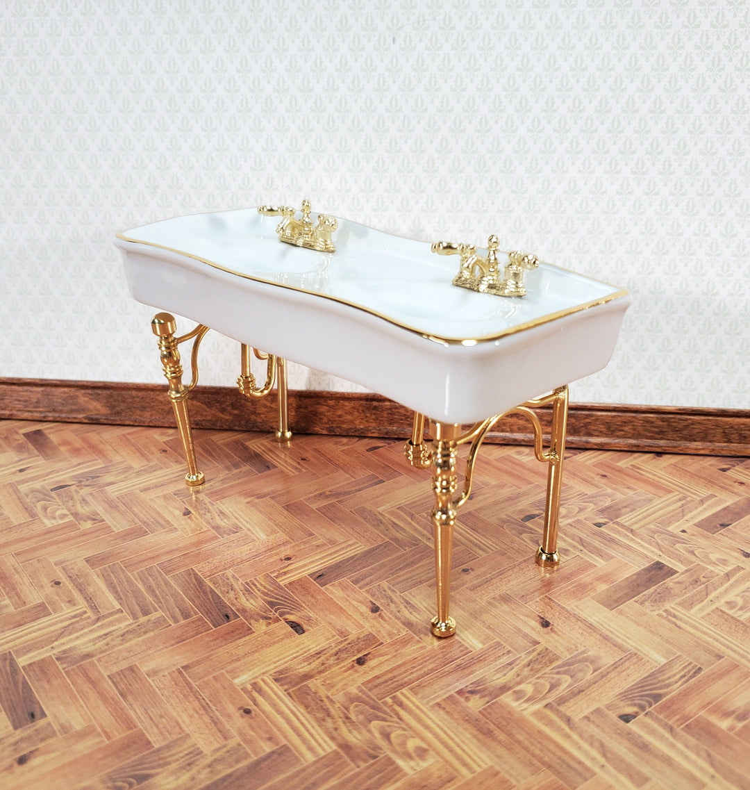 Reutter Porcelain Dollhouse Double Sink White Gold Bathroom 1:12 Scale Miniature