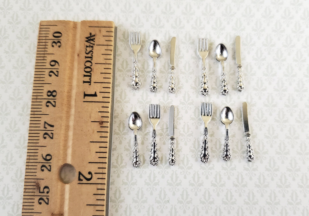 Dollhouse Miniature Silver Flatware Silverware Fancy Set 4 Place Settings 1:12 Scale