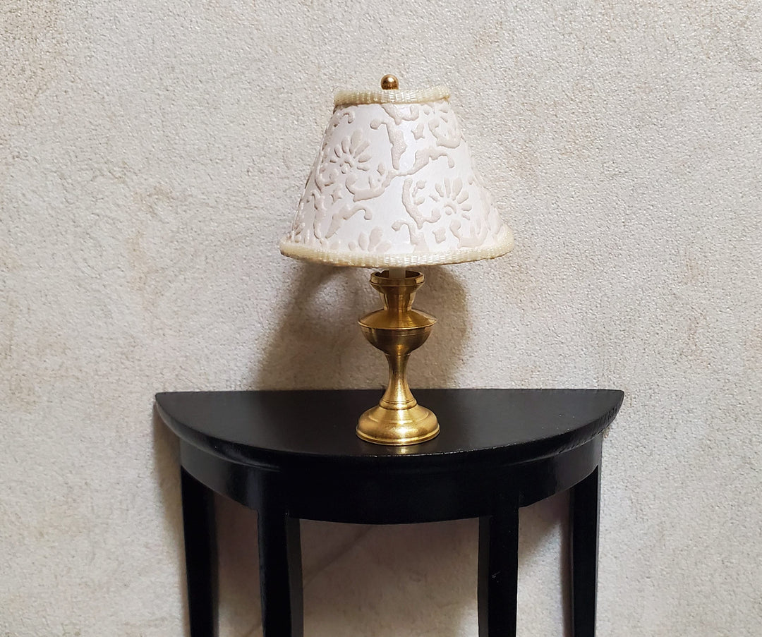 Dollhouse Table Lamp Embossed Cream Shade Brass Base 12 Volt Wired 1:12 Scale