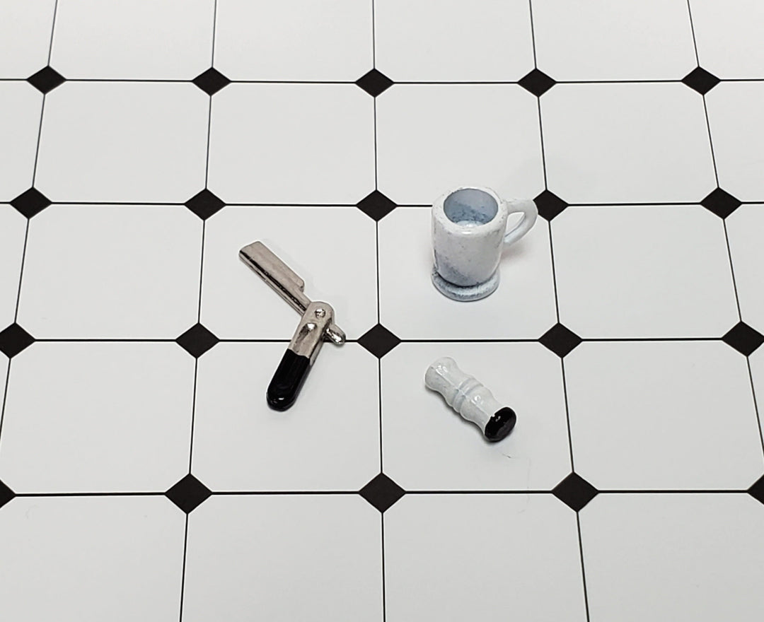 Dollhouse Shaving Set Straight Razor Mug Brush Painted Metal 1:12 Scale Miniature Accessories