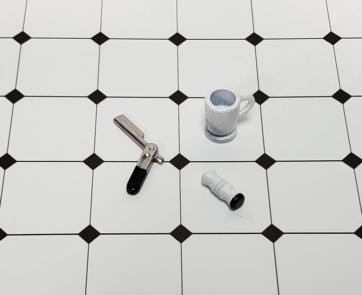 Dollhouse Shaving Set Straight Razor Mug Brush Painted Metal 1:12 Scale Miniature Accessories