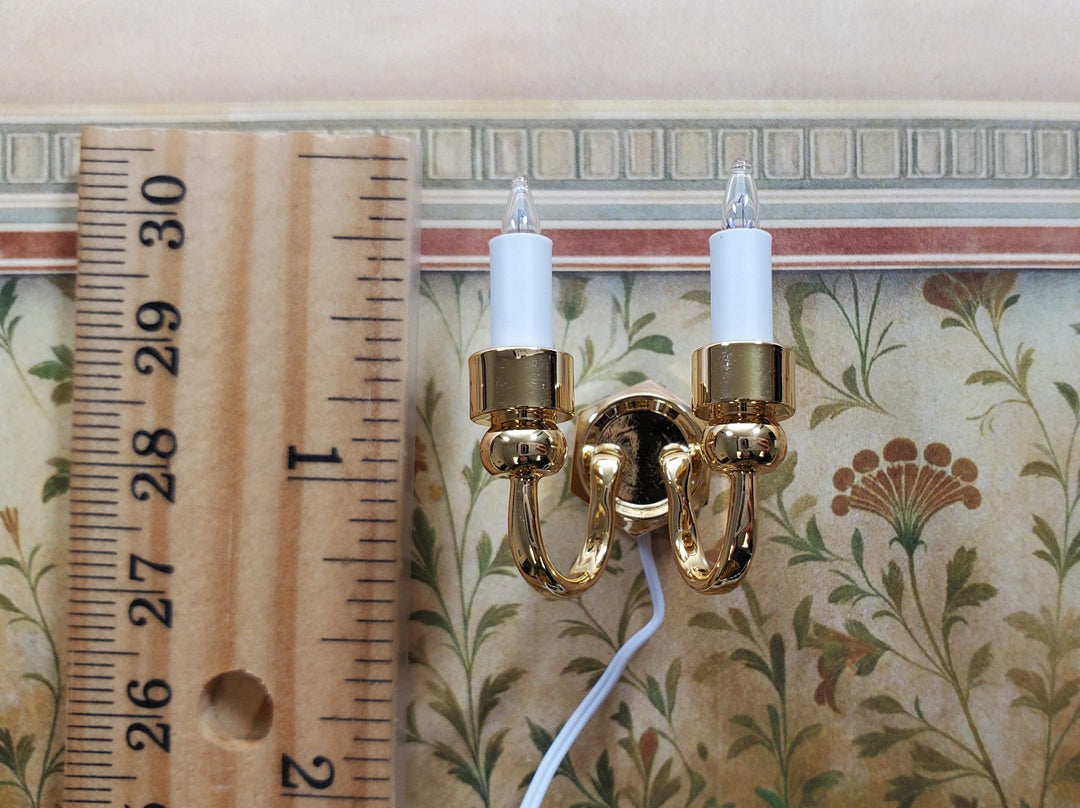 Dollhouse Double Candle Wall Sconce Gold 12 Volt with Plug 1:12 Miniature Light