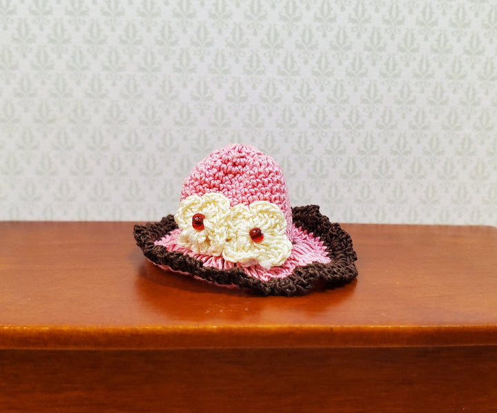 Dollhouse Crocheted Hat Pink and Brown Wearable 1:12 Scale Miniature
