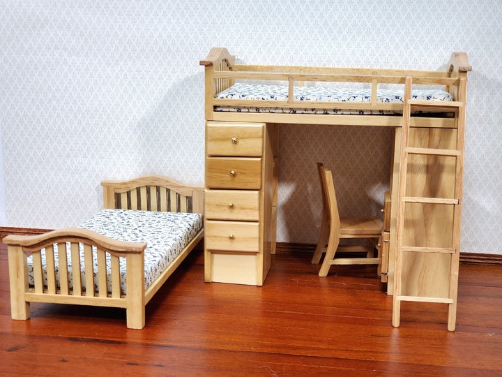 Dollhouse Bunk Beds Built in Shelves Desk with Ladder 1:12 Scale Miniature Furniture