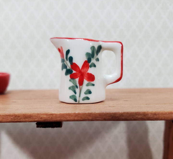 Dollhouse Ceramic Pitcher White Green Red Floral Design with Handle 1:12 Scale