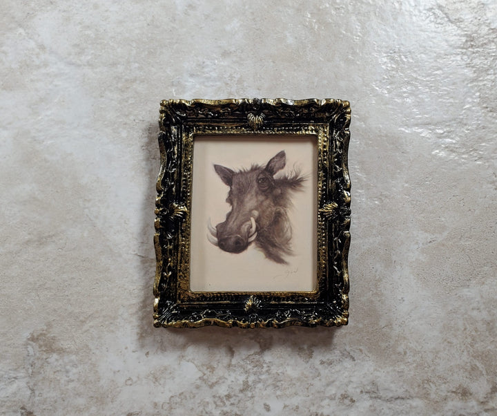 Miniature Warthog Framed Print from Original Charcoal 1:12 Scale Dollhouse