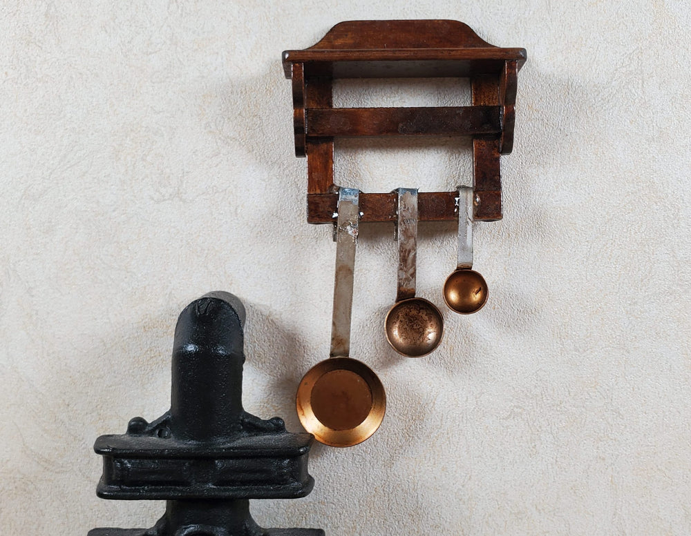 Dollhouse Primitive Pans Scoops Ladles on Wood Shelf 1:12 Scale Miniature Set