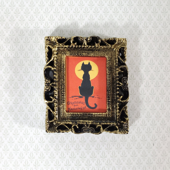 Miniature Vintage Black Cat with Moon Halloween Framed Print 1:12 Scale Witch House