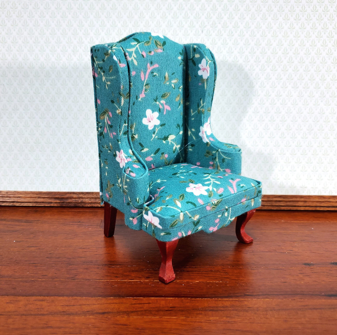 Dollhouse Arm Chair Wing Back Turquoise Floral Fabric 1:12 Scale Miniature
