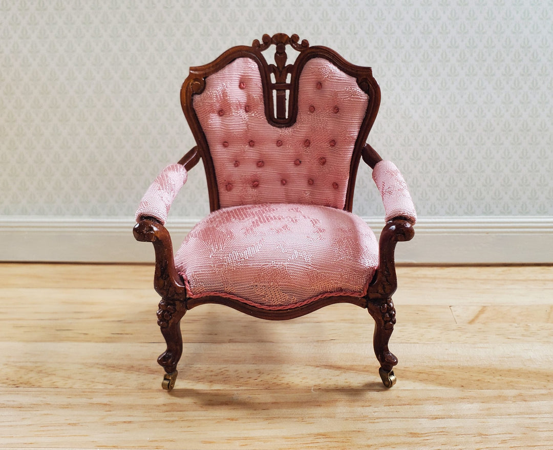 JBM Dollhouse Pink Arm Chair Victorian Style Walnut Finish 1:12 Scale