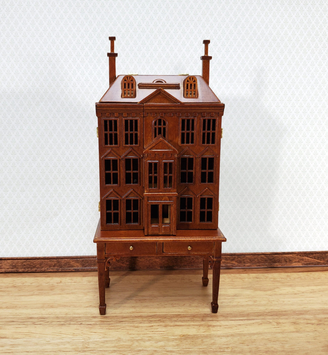 1:144 Scale Dollhouse with Table Walnut Finish 4 Level Front Opening by JBM