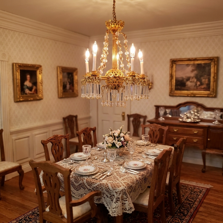Dollhouse 5 Arm Crystal Chandelier with Chains Handmade 12 Volt 1:12 Scale