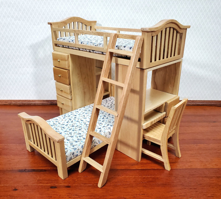 Dollhouse Bunk Beds Built in Shelves Desk with Ladder 1:12 Scale Miniature Furniture