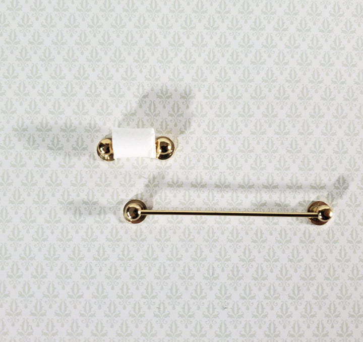 Dollhouse Miniature Towel Rod & Toilet Paper Holder Bathroom 1:12 Scale Gold Brass