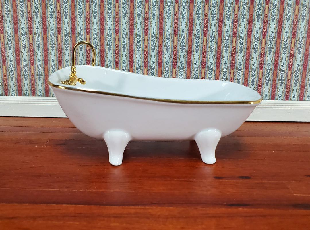 Dollhouse Bathtub Tub Reutter Porcelain White & Gold 1:12 Scale Miniature Bathroom