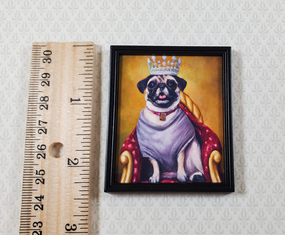 Miniature King Pug Dog with Crown Print Black Frame 1:12 Scale Dollhouse Modern Fun