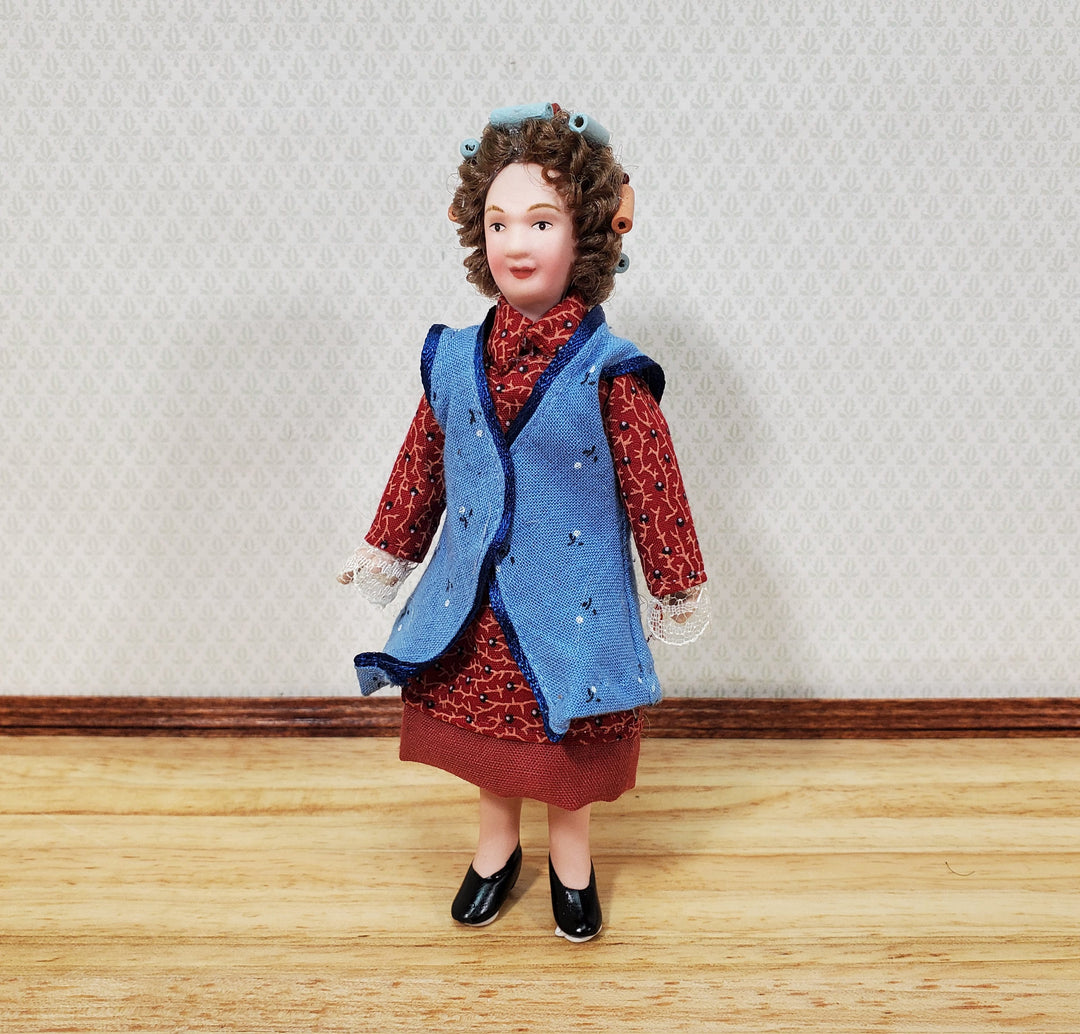 Dollhouse Miniature Porcelain Doll Modern Grandma or Mom with Curlers 1:12 Scale