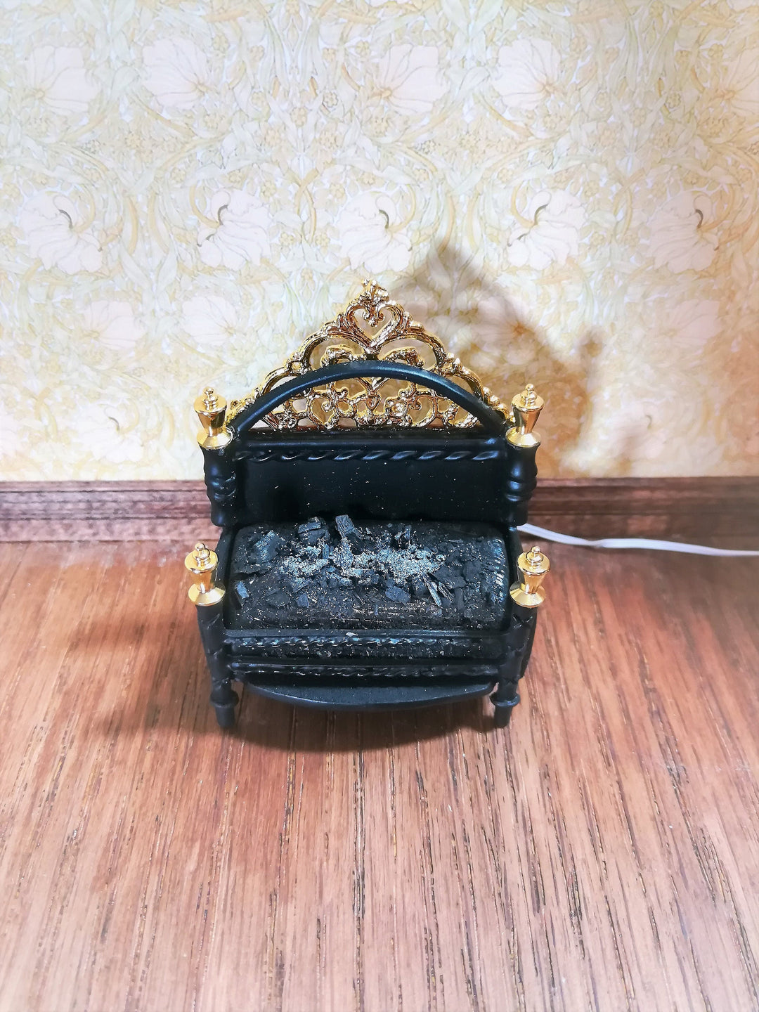 Dollhouse Lit Fire Basket Fireplace Insert Coals 12v with Plug 1:12 Scale Miniature