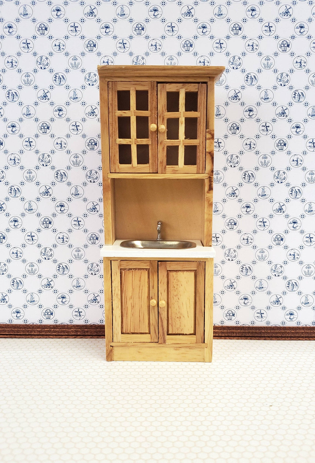 Dollhouse Miniature Kitchen Cabinet Tall with Sink Scale Furniture Light Oak