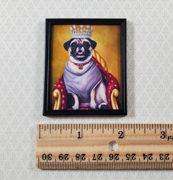 Miniature King Pug Dog with Crown Print Black Frame 1:12 Scale Dollhouse Modern Fun