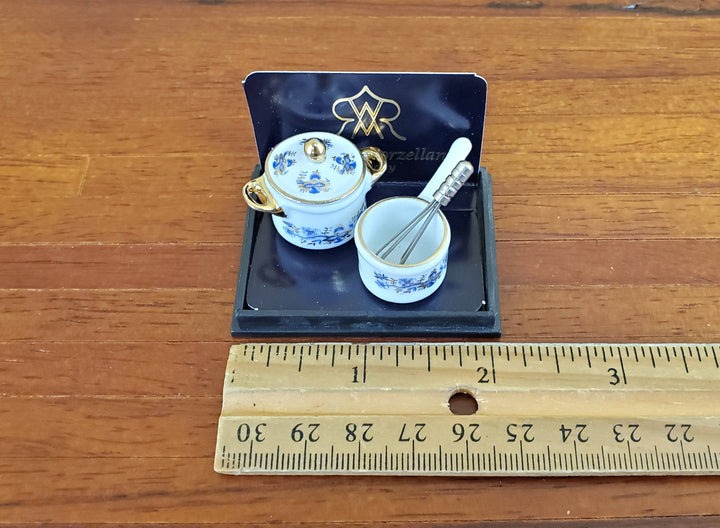 Dollhouse Sauce Pan Whisk & Pot Reutter Porcelain 1:12 Scale Blue Onion Design