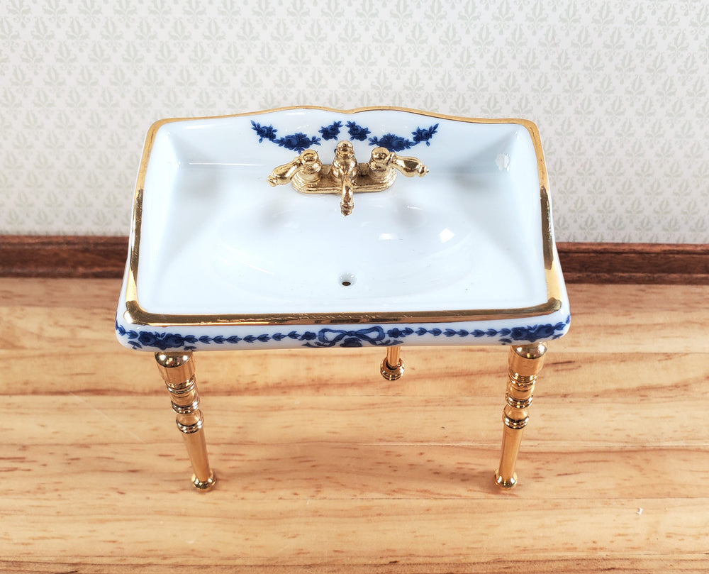 Dollhouse Sink Bathroom Small White and Blue Reutter Porcelain Miniature