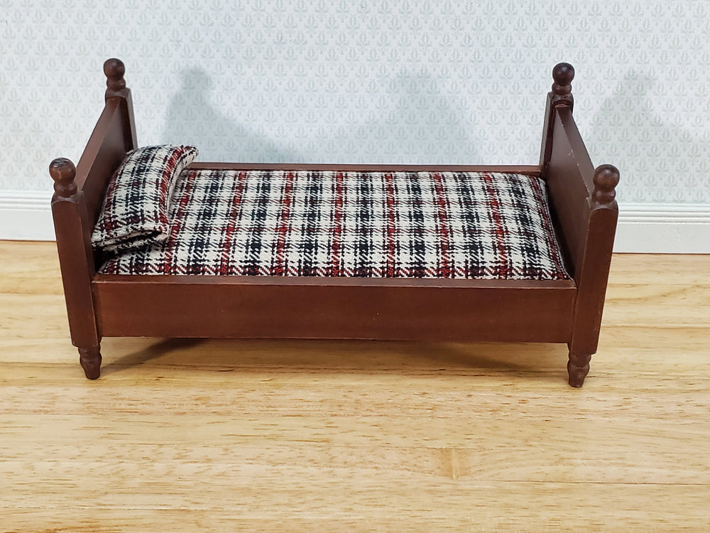 Dollhouse Small Bed Plaid Fabric Pillow Boys Room 1:12 Scale Miniature Furniture