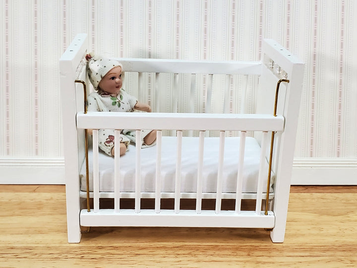 Dollhouse Crib Wood Drop Side White Finish 1:12 Scale Miniature Nursery Furniture