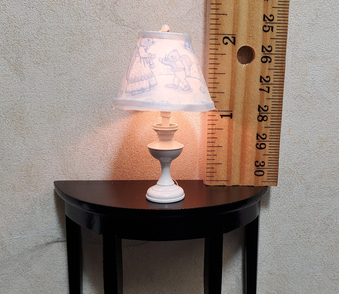 Dollhouse Nursery Table Lamp Blue Shade White Brass Base 12 Volt Wired 1:12
