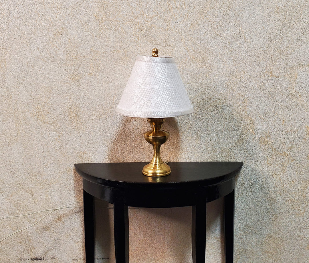 Dollhouse Table Lamp with White Embossed Shade Brass Base 12 Volt Wired 1:12 Scale
