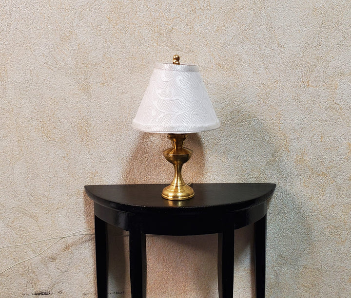 Dollhouse Table Lamp with White Embossed Shade Brass Base 12 Volt Wired 1:12 Scale