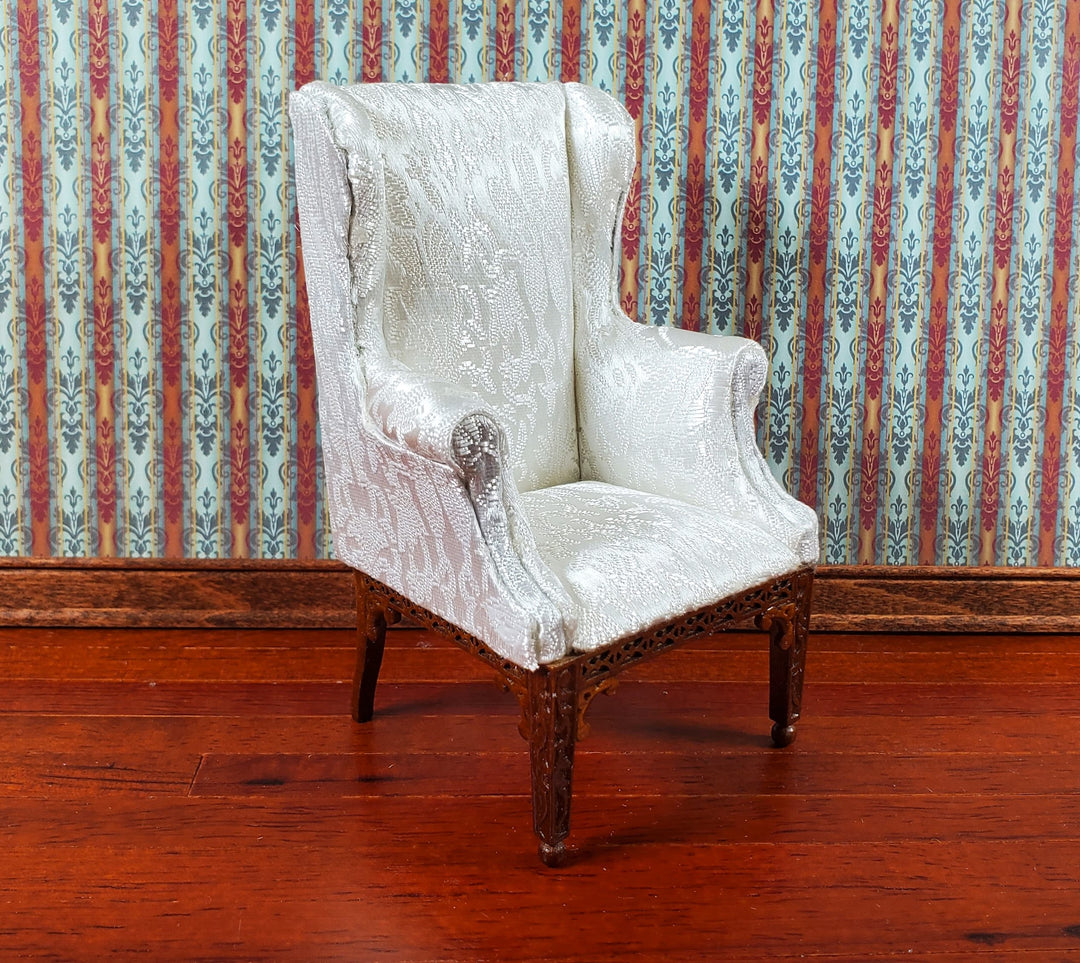 JBM Dollhouse Arm Chair White Brocade Fabric 1:12 Scale Miniature Furniture